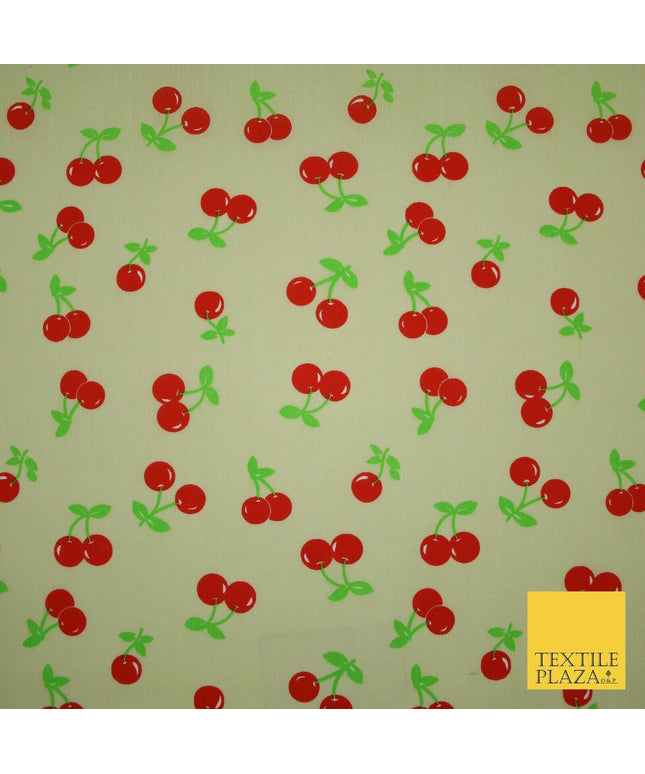 Ecru Cream Cherry 2 Cherries Printed Poly Cotton Fabric Polycotton Mask 45" 3758