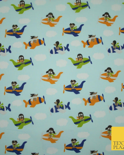 Blue Cute Dog Aeroplane Sky Cloud Printed Poly Cotton Fabric Polycotton Mask 45"