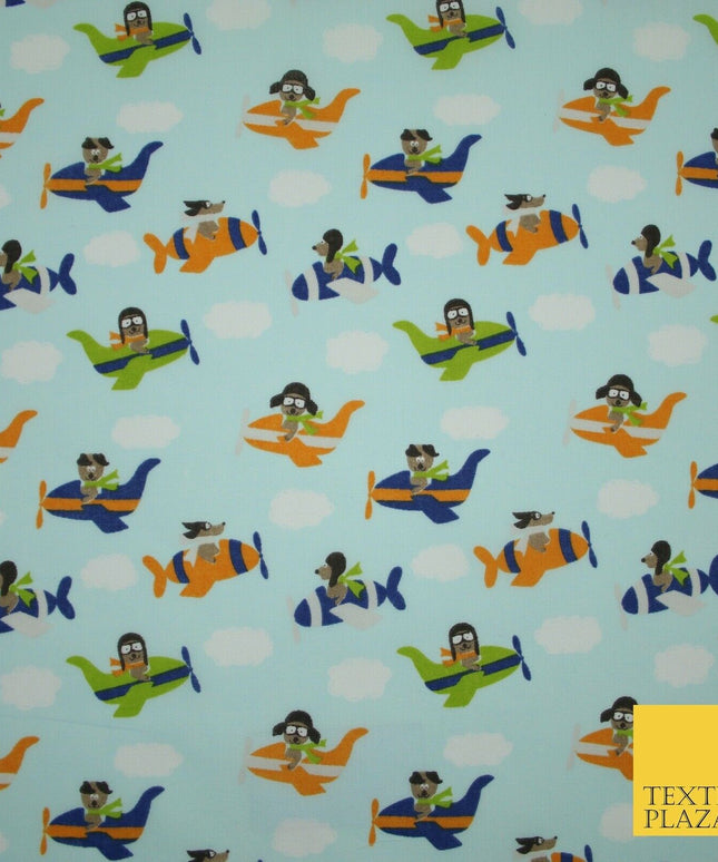 Blue Cute Dog Aeroplane Sky Cloud Printed Poly Cotton Fabric Polycotton Mask 45"