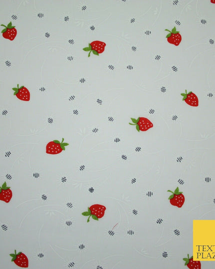 White Red Strawberry Flower Heart Printed Poly Cotton Fabric Polycotton Mask 45"