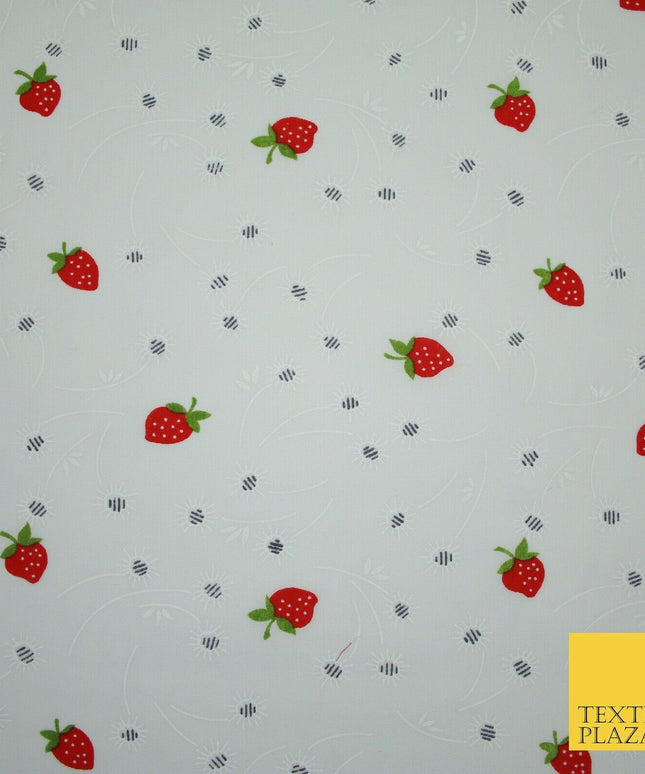 White Red Strawberry Flower Heart Printed Poly Cotton Fabric Polycotton Mask 45"
