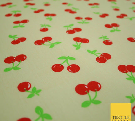 Ecru Cream Cherry 2 Cherries Printed Poly Cotton Fabric Polycotton Mask 45" 3758