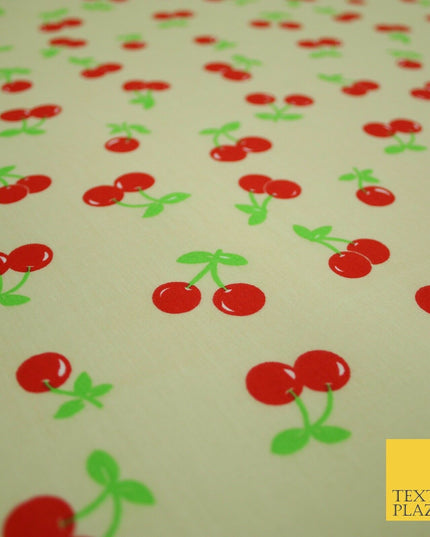 Ecru Cream Cherry 2 Cherries Printed Poly Cotton Fabric Polycotton Mask 45" 3758