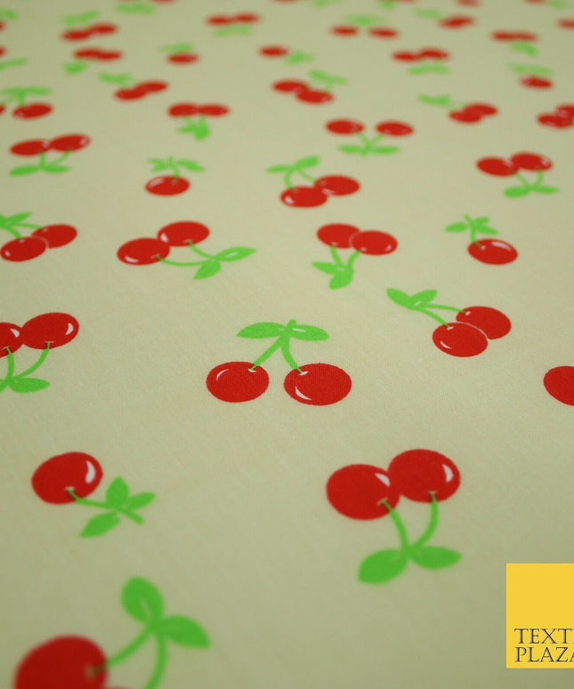 Ecru Cream Cherry 2 Cherries Printed Poly Cotton Fabric Polycotton Mask 45" 3758