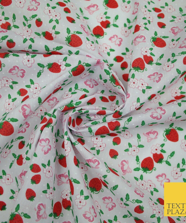Strawberry Butterfly Ditsy Flower Printed Poly Cotton Fabric Polycotton Mask 45"