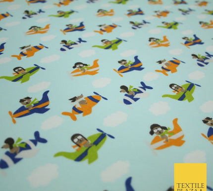 Blue Cute Dog Aeroplane Sky Cloud Printed Poly Cotton Fabric Polycotton Mask 45"