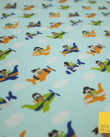 Blue Cute Dog Aeroplane Sky Cloud Printed Poly Cotton Fabric Polycotton Mask 45"