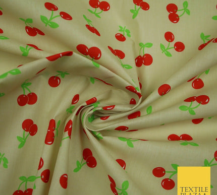 Ecru Cream Cherry 2 Cherries Printed Poly Cotton Fabric Polycotton Mask 45" 3758