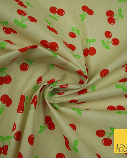 Ecru Cream Cherry 2 Cherries Printed Poly Cotton Fabric Polycotton Mask 45" 3758