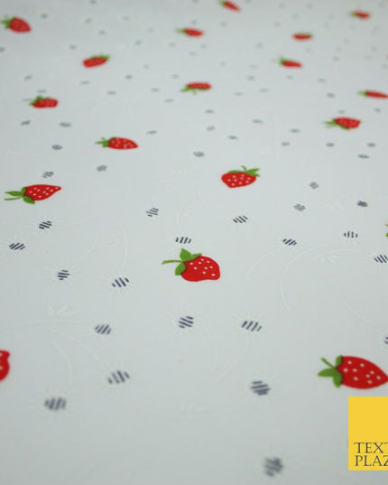 White Red Strawberry Flower Heart Printed Poly Cotton Fabric Polycotton Mask 45"