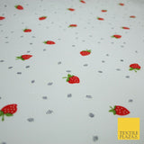 White Red Strawberry Flower Heart Printed Poly Cotton Fabric Polycotton Mask 45"