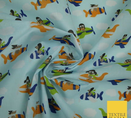 Blue Cute Dog Aeroplane Sky Cloud Printed Poly Cotton Fabric Polycotton Mask 45"