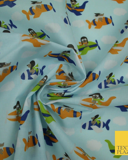Blue Cute Dog Aeroplane Sky Cloud Printed Poly Cotton Fabric Polycotton Mask 45"