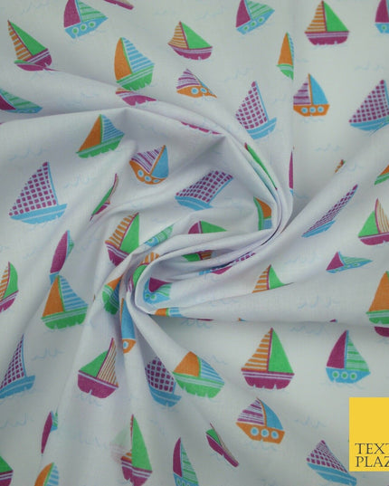 Nautical Sailing Boat Sailor Sea Printed Poly Cotton Fabric Polycotton Mask 45"