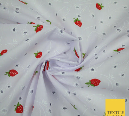 White Red Strawberry Flower Heart Printed Poly Cotton Fabric Polycotton Mask 45"