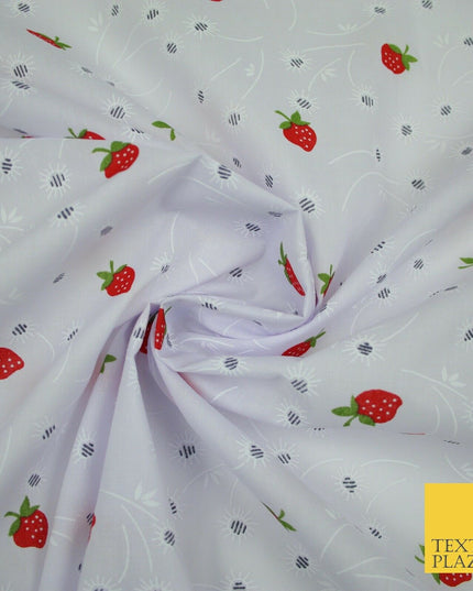 White Red Strawberry Flower Heart Printed Poly Cotton Fabric Polycotton Mask 45"