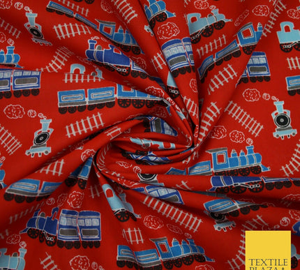 Choo Choo Steam Train Railway Printed Poly Cotton Fabric Polycotton Kid Mask 45"