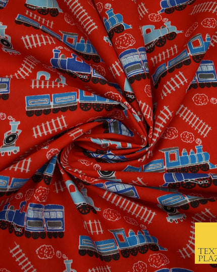 Choo Choo Steam Train Railway Printed Poly Cotton Fabric Polycotton Kid Mask 45"