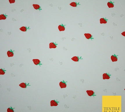 White Red Strawberry Flower Heart Printed Poly Cotton Fabric Polycotton Mask 45"