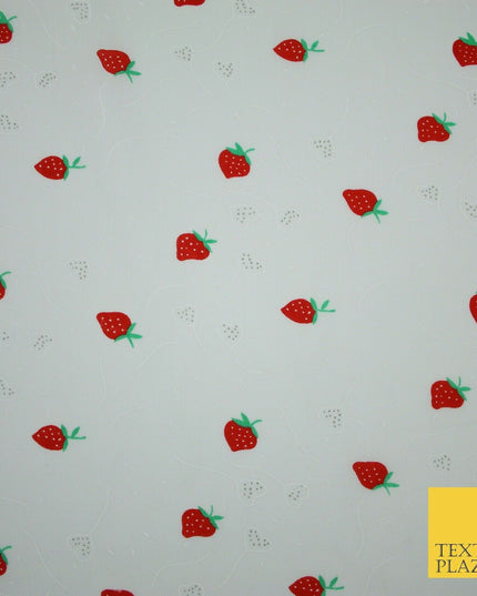 White Red Strawberry Flower Heart Printed Poly Cotton Fabric Polycotton Mask 45"