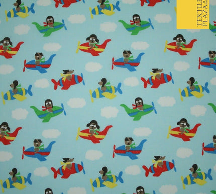 Blue Cute Dog Aeroplane Sky Cloud Printed Poly Cotton Fabric Polycotton Mask 45"