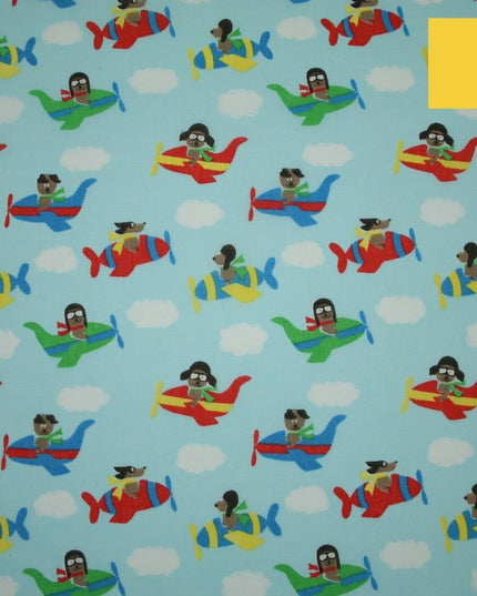 Blue Cute Dog Aeroplane Sky Cloud Printed Poly Cotton Fabric Polycotton Mask 45"