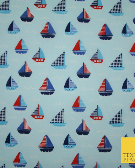 Nautical Sailing Boat Sailor Sea Printed Poly Cotton Fabric Polycotton Mask 45"