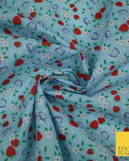 Strawberry Butterfly Ditsy Flower Printed Poly Cotton Fabric Polycotton Mask 45"