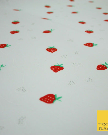 White Red Strawberry Flower Heart Printed Poly Cotton Fabric Polycotton Mask 45"