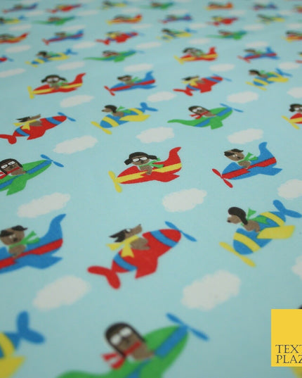 Blue Cute Dog Aeroplane Sky Cloud Printed Poly Cotton Fabric Polycotton Mask 45"