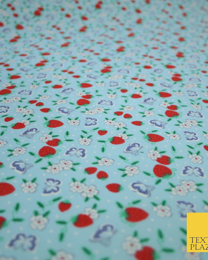 Strawberry Butterfly Ditsy Flower Printed Poly Cotton Fabric Polycotton Mask 45"