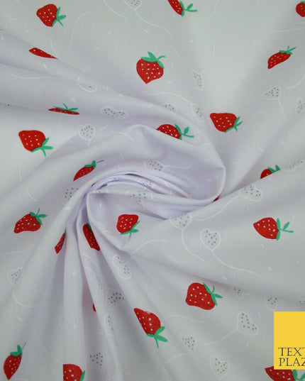 White Red Strawberry Flower Heart Printed Poly Cotton Fabric Polycotton Mask 45"