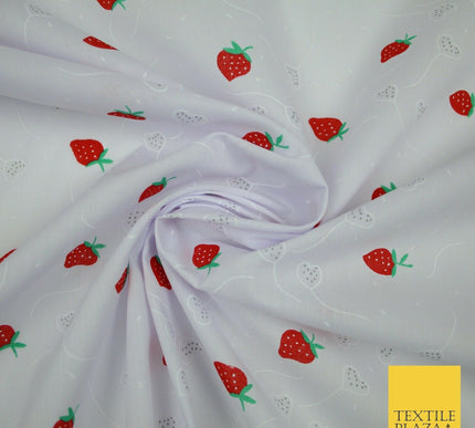 White Red Strawberry Flower Heart Printed Poly Cotton Fabric Polycotton Mask 45"