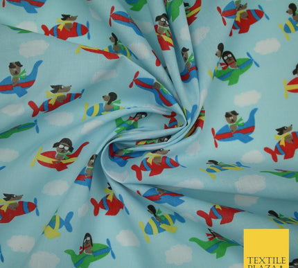 Blue Cute Dog Aeroplane Sky Cloud Printed Poly Cotton Fabric Polycotton Mask 45"