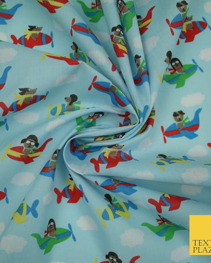 Blue Cute Dog Aeroplane Sky Cloud Printed Poly Cotton Fabric Polycotton Mask 45"