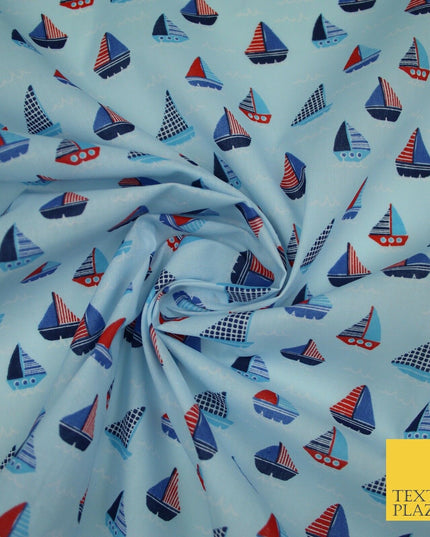 Nautical Sailing Boat Sailor Sea Printed Poly Cotton Fabric Polycotton Mask 45"