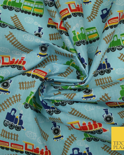Choo Choo Steam Train Railway Printed Poly Cotton Fabric Polycotton Kid Mask 45"
