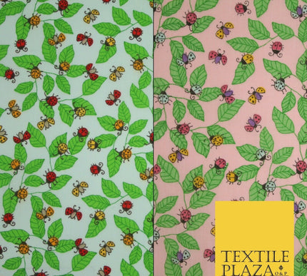 Flying Ladybird Leaf Jungle Garden Printed Poly Cotton Fabric Polycotton Mask45"