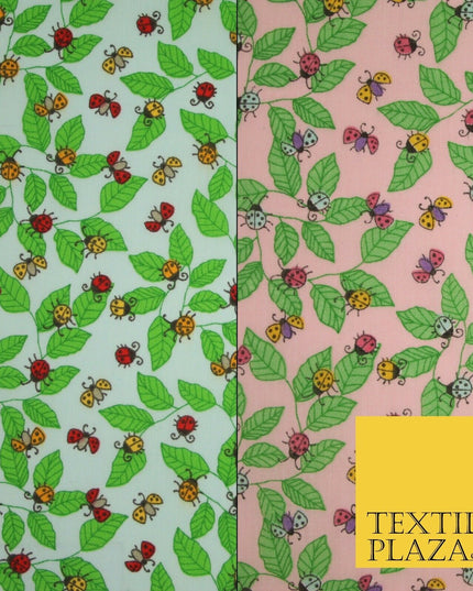 Flying Ladybird Leaf Jungle Garden Printed Poly Cotton Fabric Polycotton Mask45"