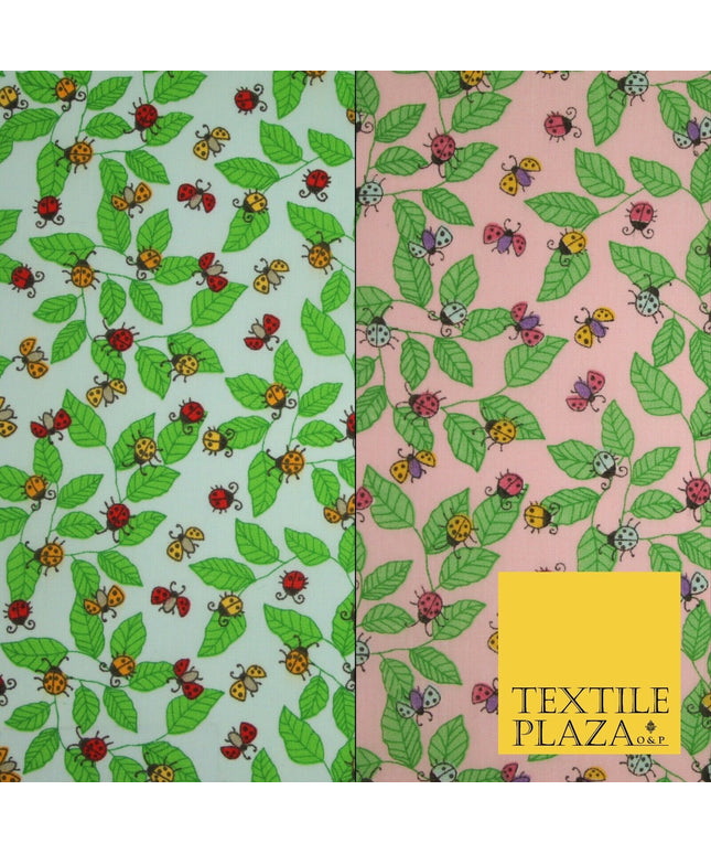 Flying Ladybird Leaf Jungle Garden Printed Poly Cotton Fabric Polycotton Mask45"