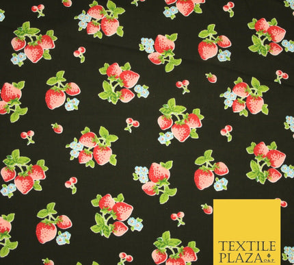 Black Red Strawberry Bunch Printed Poly Cotton Mask Fabric Polycotton 45" 3795