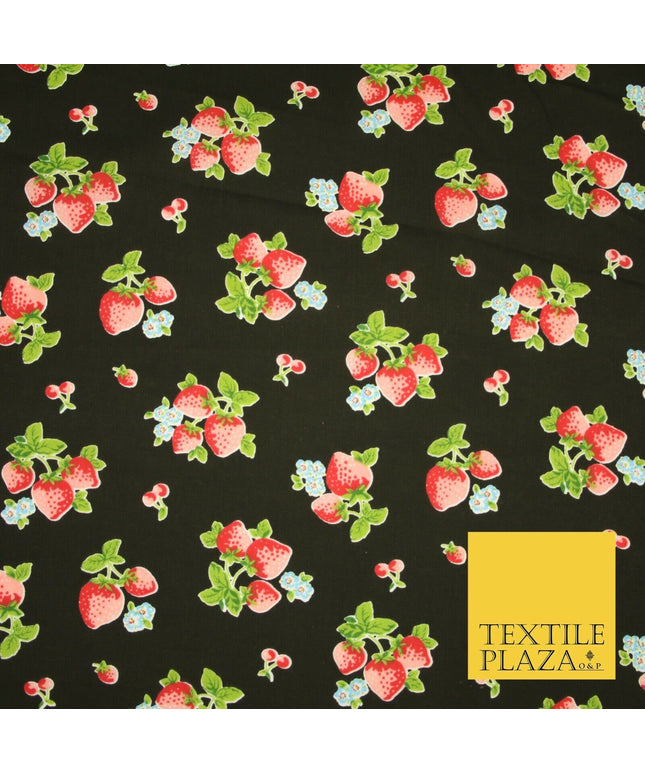 Black Red Strawberry Bunch Printed Poly Cotton Mask Fabric Polycotton 45" 3795