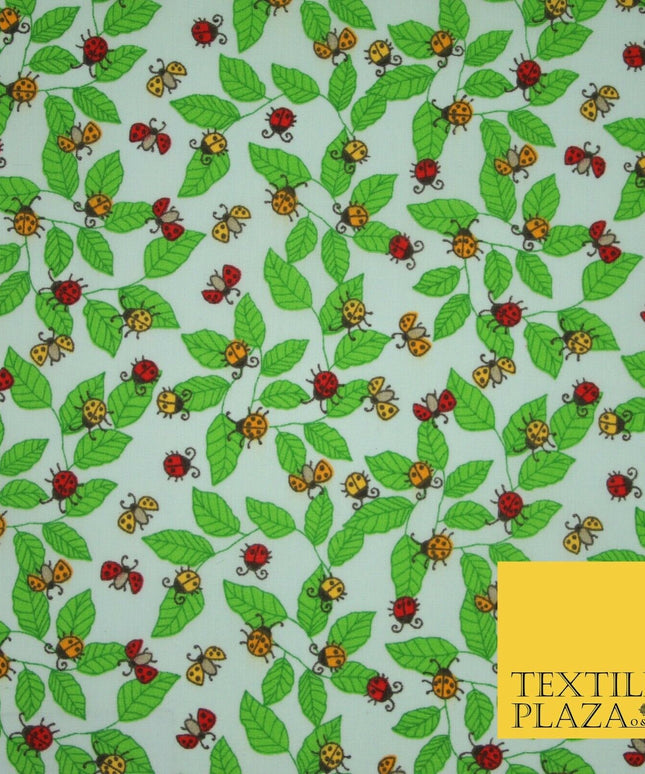 Flying Ladybird Leaf Jungle Garden Printed Poly Cotton Fabric Polycotton Mask45"