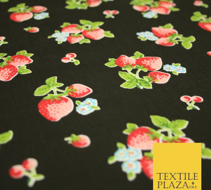 Black Red Strawberry Bunch Printed Poly Cotton Mask Fabric Polycotton 45" 3795