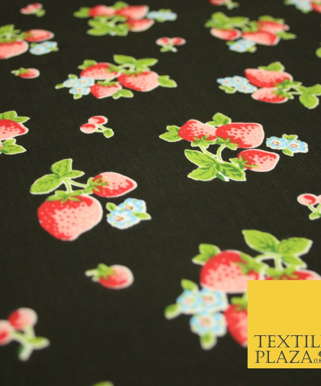 Black Red Strawberry Bunch Printed Poly Cotton Mask Fabric Polycotton 45" 3795