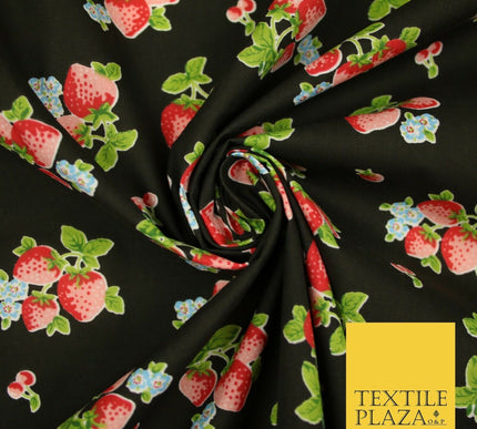 Black Red Strawberry Bunch Printed Poly Cotton Mask Fabric Polycotton 45" 3795