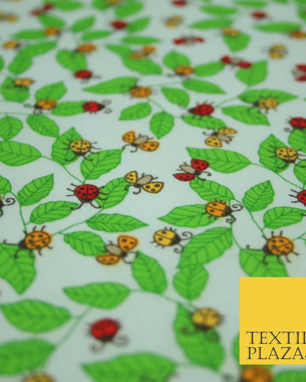 Flying Ladybird Leaf Jungle Garden Printed Poly Cotton Fabric Polycotton Mask45"