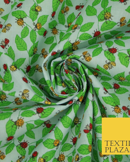 Flying Ladybird Leaf Jungle Garden Printed Poly Cotton Fabric Polycotton Mask45"