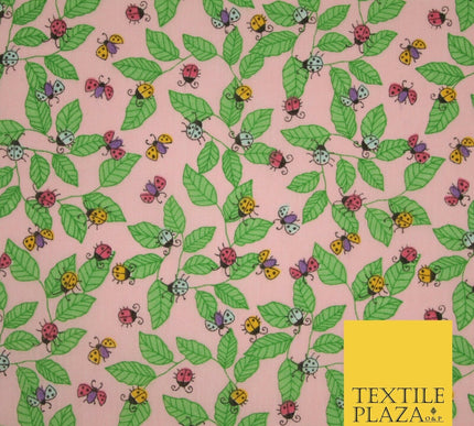 Flying Ladybird Leaf Jungle Garden Printed Poly Cotton Fabric Polycotton Mask45"