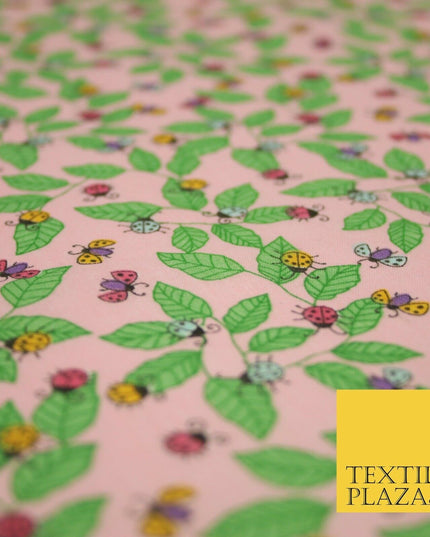 Flying Ladybird Leaf Jungle Garden Printed Poly Cotton Fabric Polycotton Mask45"